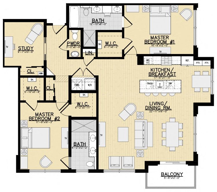 Floor plan for 2 beds, 2.5 baths, 1738 sqft